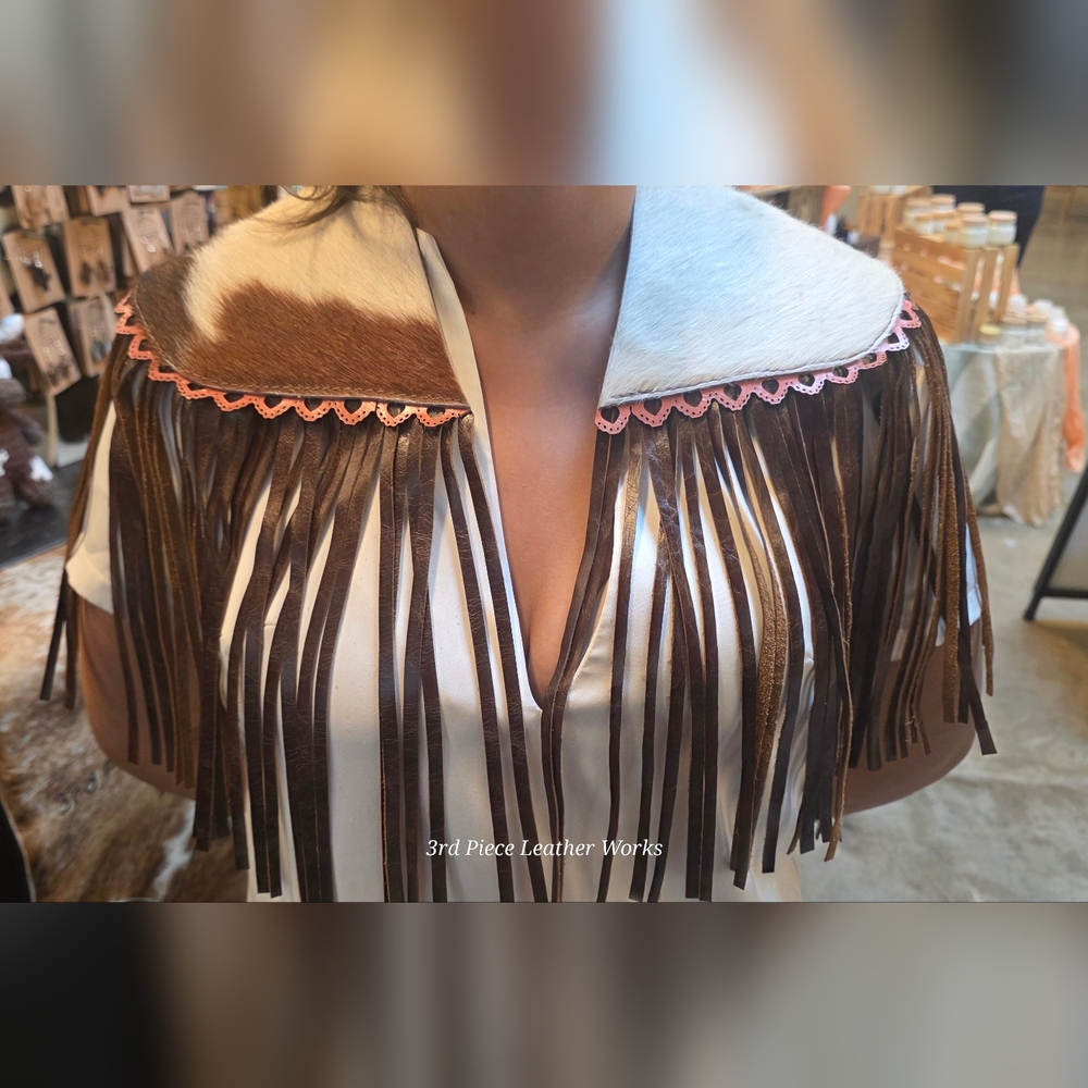 Western Cowhide Fringe Shawl Pink Leather Trim Handmade Rodeo Boho Statement